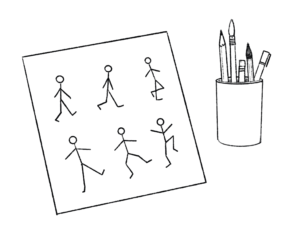 Paper with stick figure animation frames next to cup with pens, pencils, and paintbrush